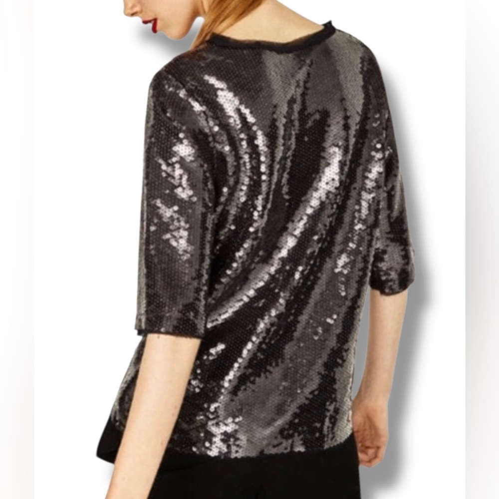 Zara Black Clear Sequin Half Sleeve Blouse crew neck party sparkle night out